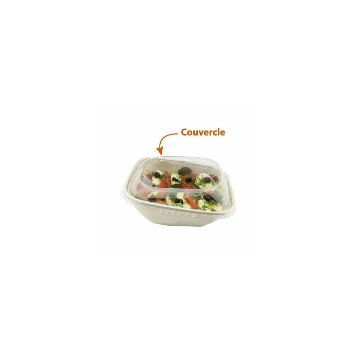 Couvercle plastique transparent pour saladier carré biseauté pulpe de canne 750 ml - par 50