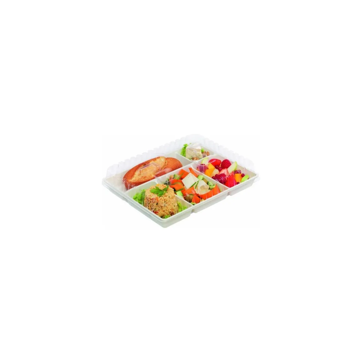 Couvercle transparent PLA pour plateau repas 5 compartiments 29 x 22,4 cm - par 50