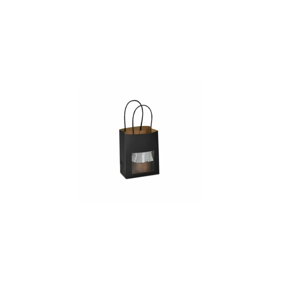 Petit sac kraft noir à poignées torsadées avec fenêtre 11,4 + 6,4 x 14,6 cm - par 25