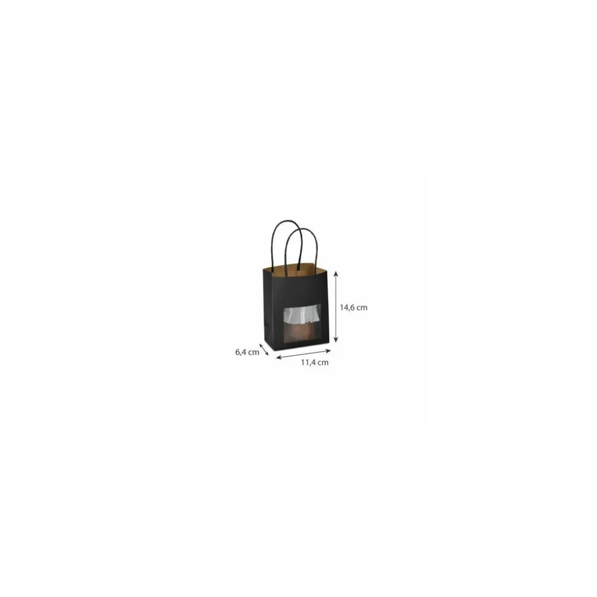 Petit sac kraft noir à poignées torsadées avec fenêtre 11,4 + 6,4 x 14,6 cm - par 25