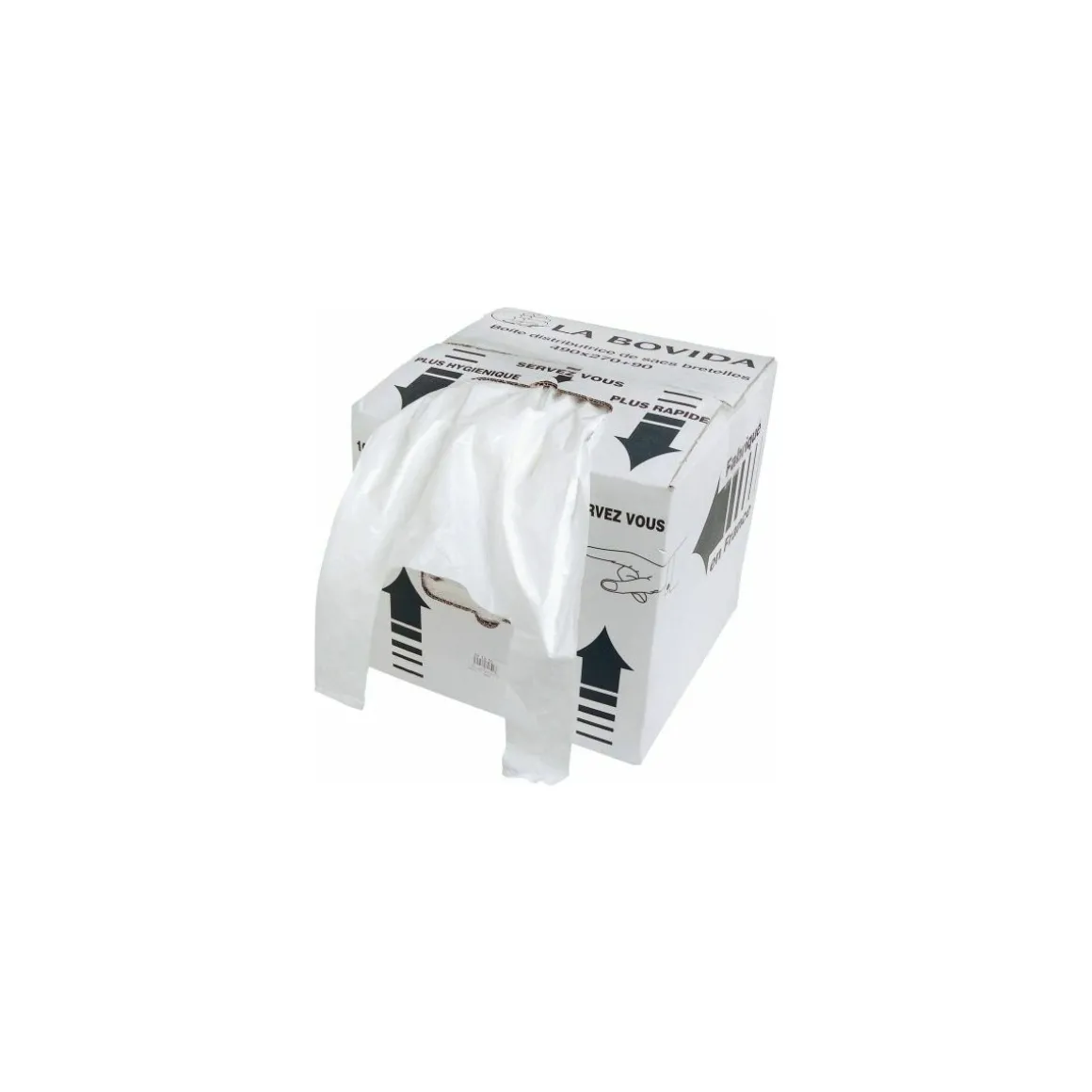 Sac bretelles blanc PEBD 50 µ - 49 x 27 + 9 cm en boite distributrice - par 500