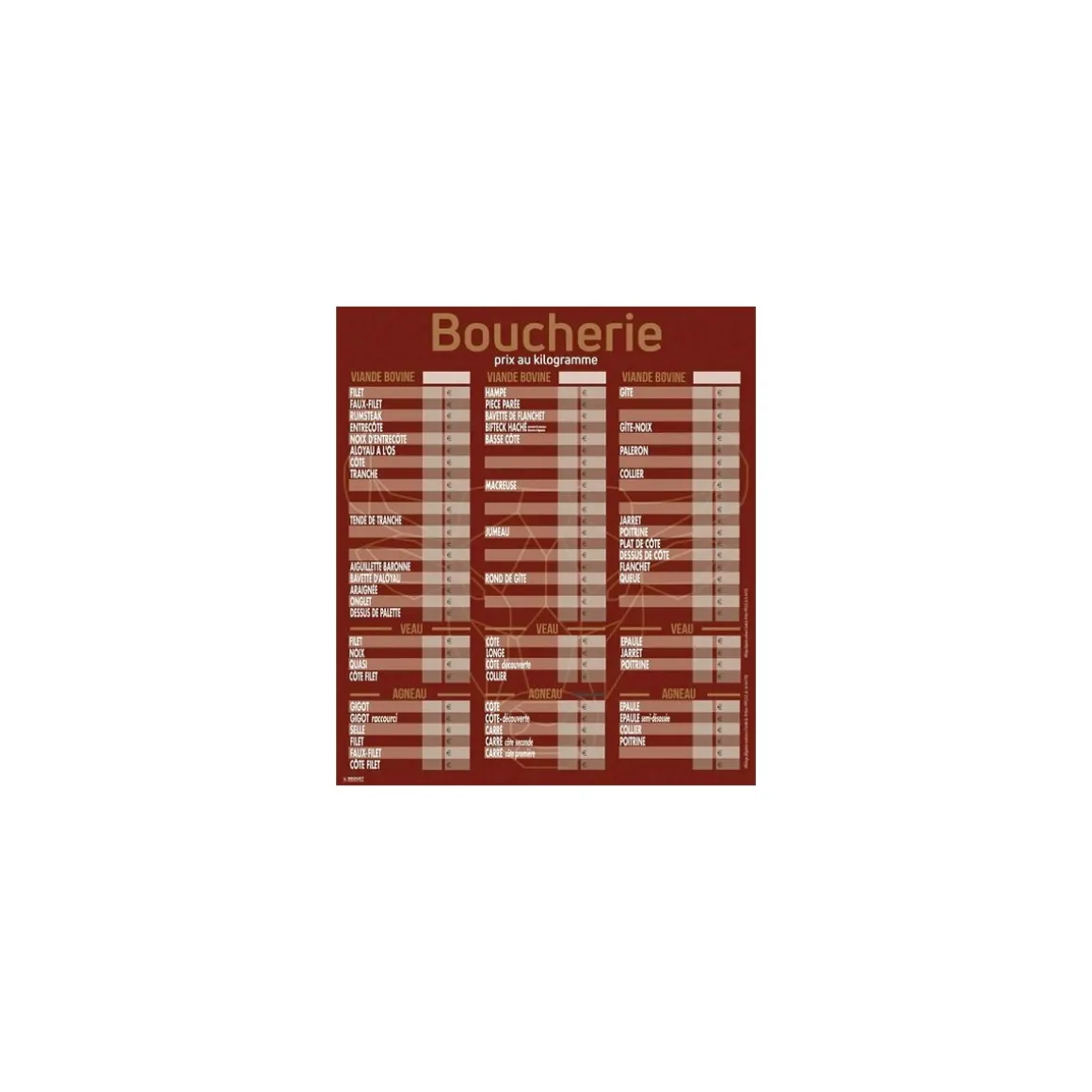 Tableau tarif boucherie Geotradi rouge
