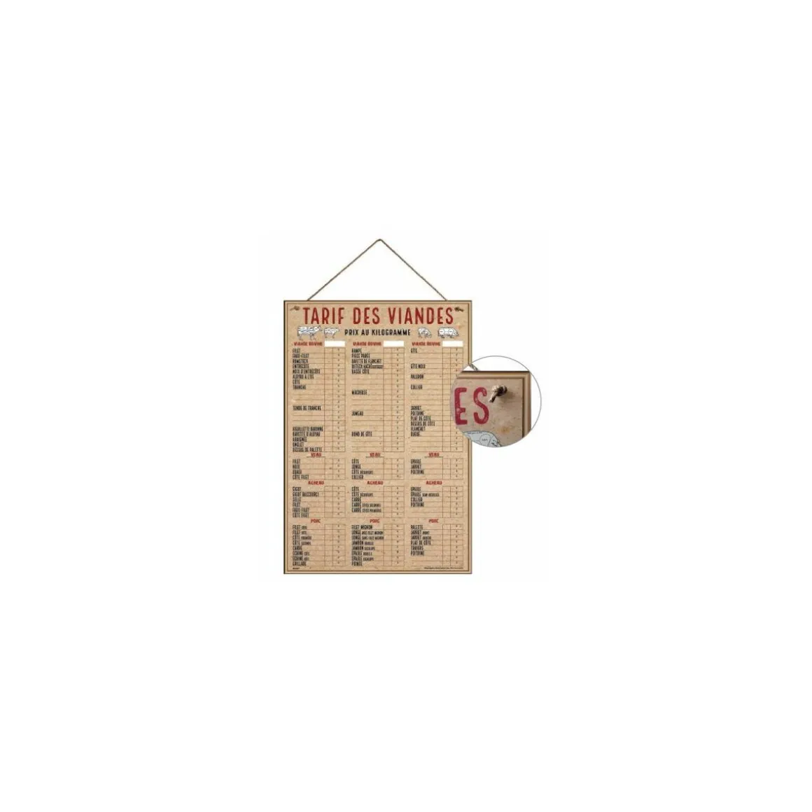Tableau tarif boucherie VBVAP Deluxe 70 x 102 cm