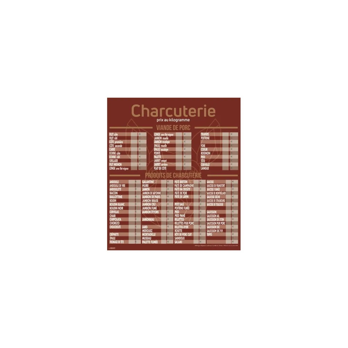 Tableau tarif charcuterie Géotradi rouge