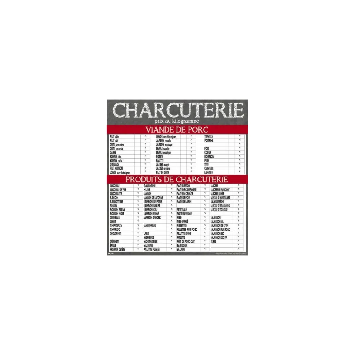 Tableau tarif charcuterie maestro 70 x 80 cm